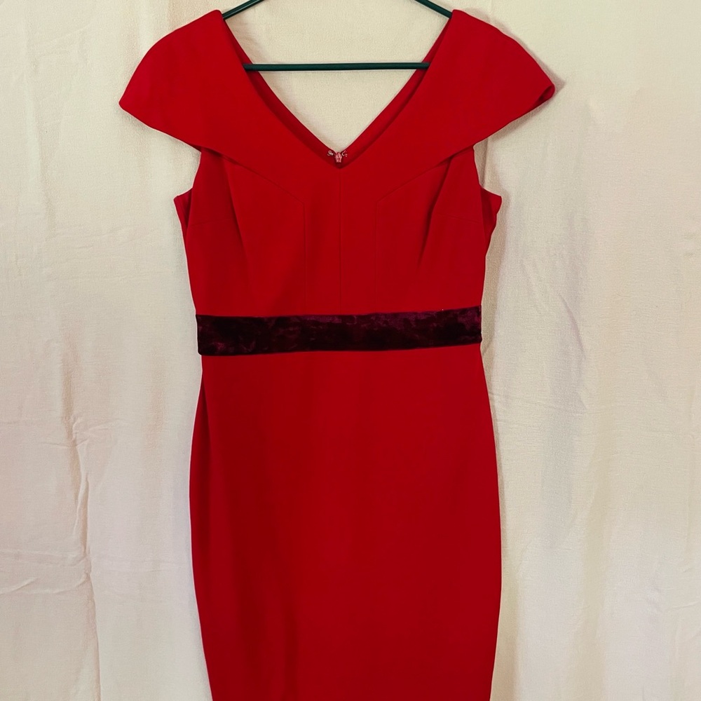 Red Midi Dress with Velvet Accent